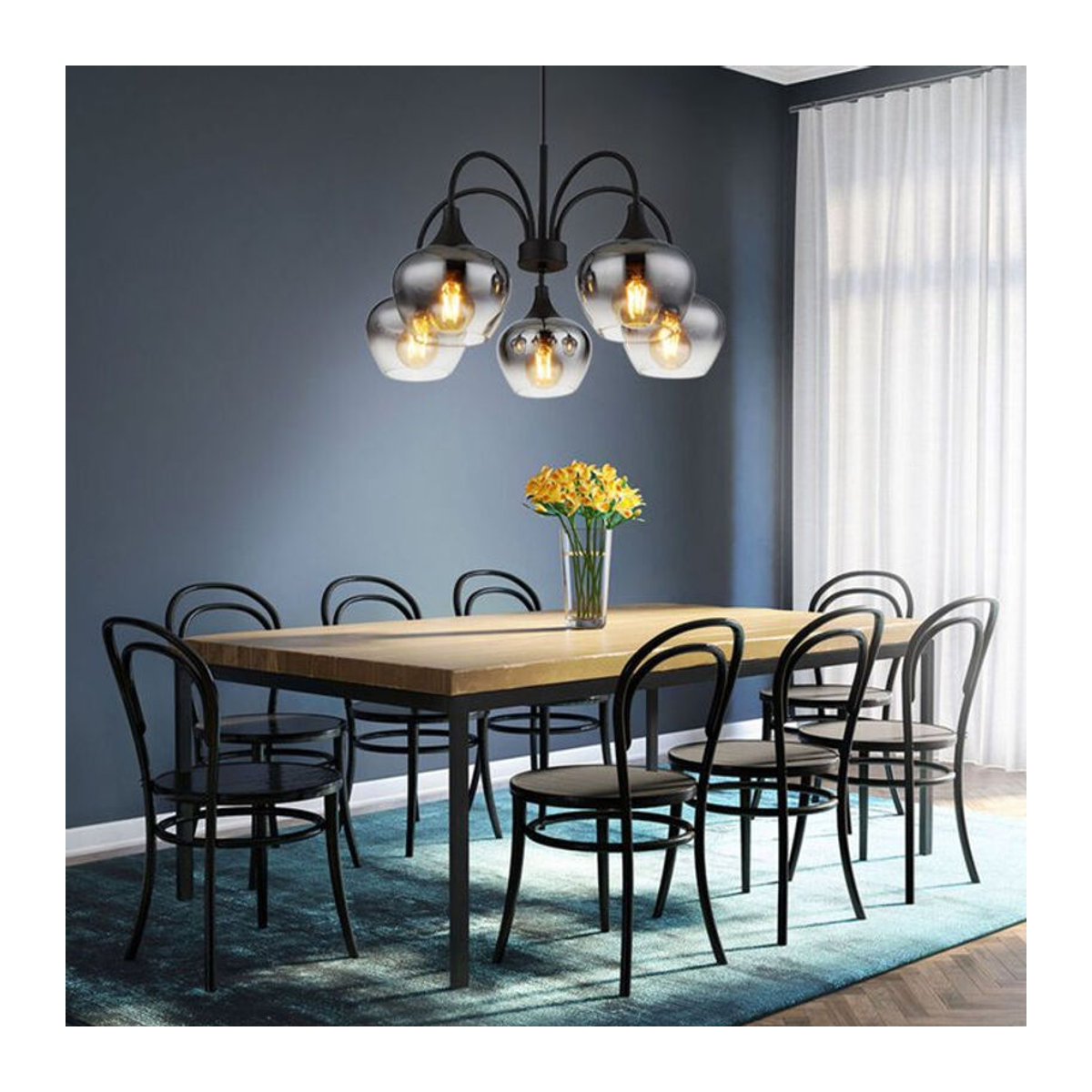 Globo Pendelleuchte modern in Schwarz mit transparentem Rauchglas, 5-flammig, E27, H: 120 cm, B: 55 cm - Bild 2