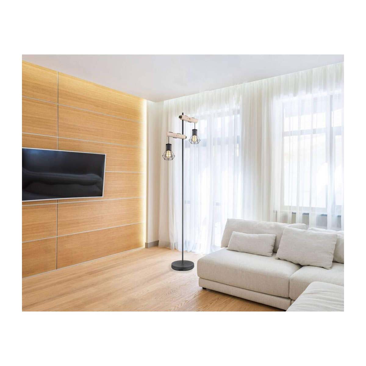 GLOBO Stehleuchte Priska in Schwarz aus Metall und Holz im Industrial Design mit 2 E27 Fassungen B/H/T: 25 x 168 x 48 cm - Bild 2