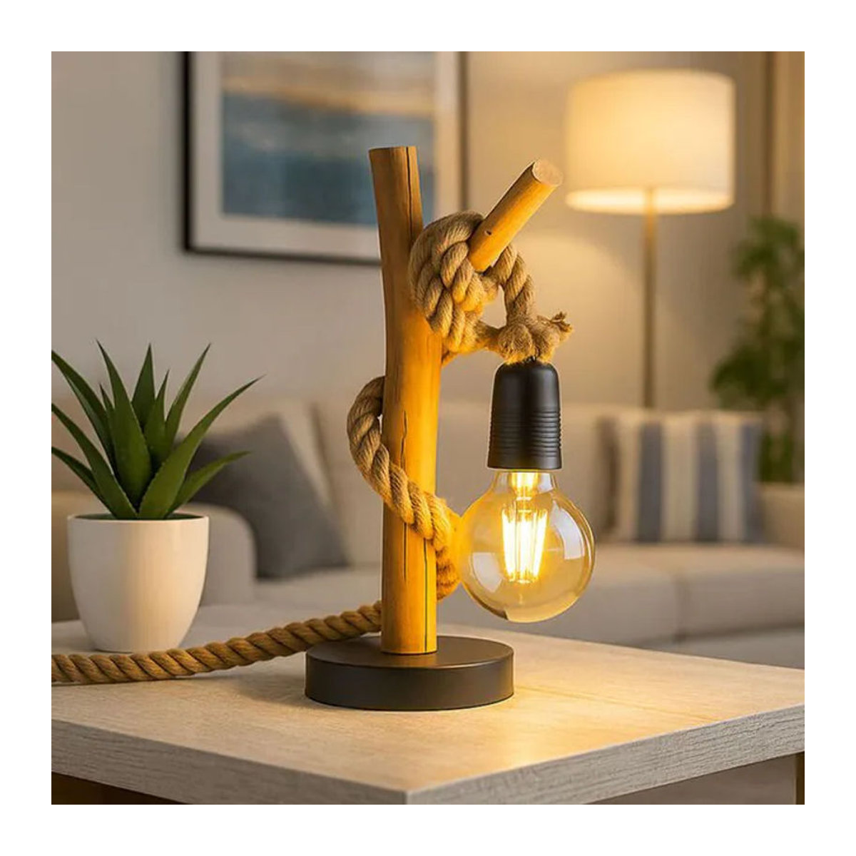 GLOBO Tischlampe NERIDA im Industrial Design aus Holz und Metall, E27, Höhe: 40 cm, Durchmesser: 15 cm, Natur/Schwarz/Braun - Bild 3