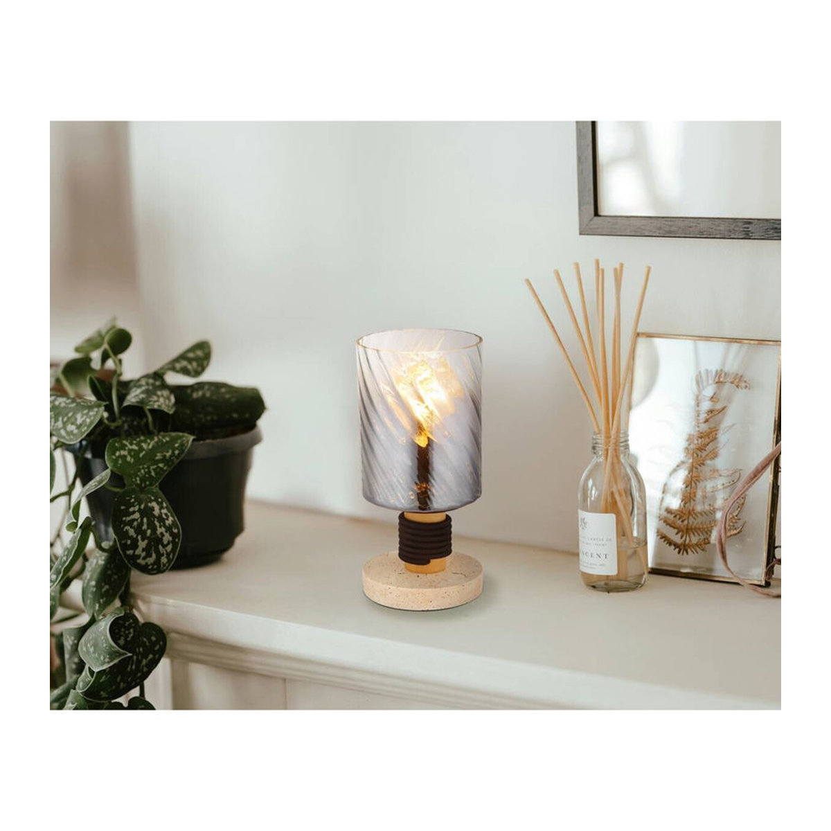 Globo Tischleuchte Osborne in Braun und Beige aus Glas, Holz und Beton mit E27 Fassung, Höhe: 25,4 cm - Bild 5