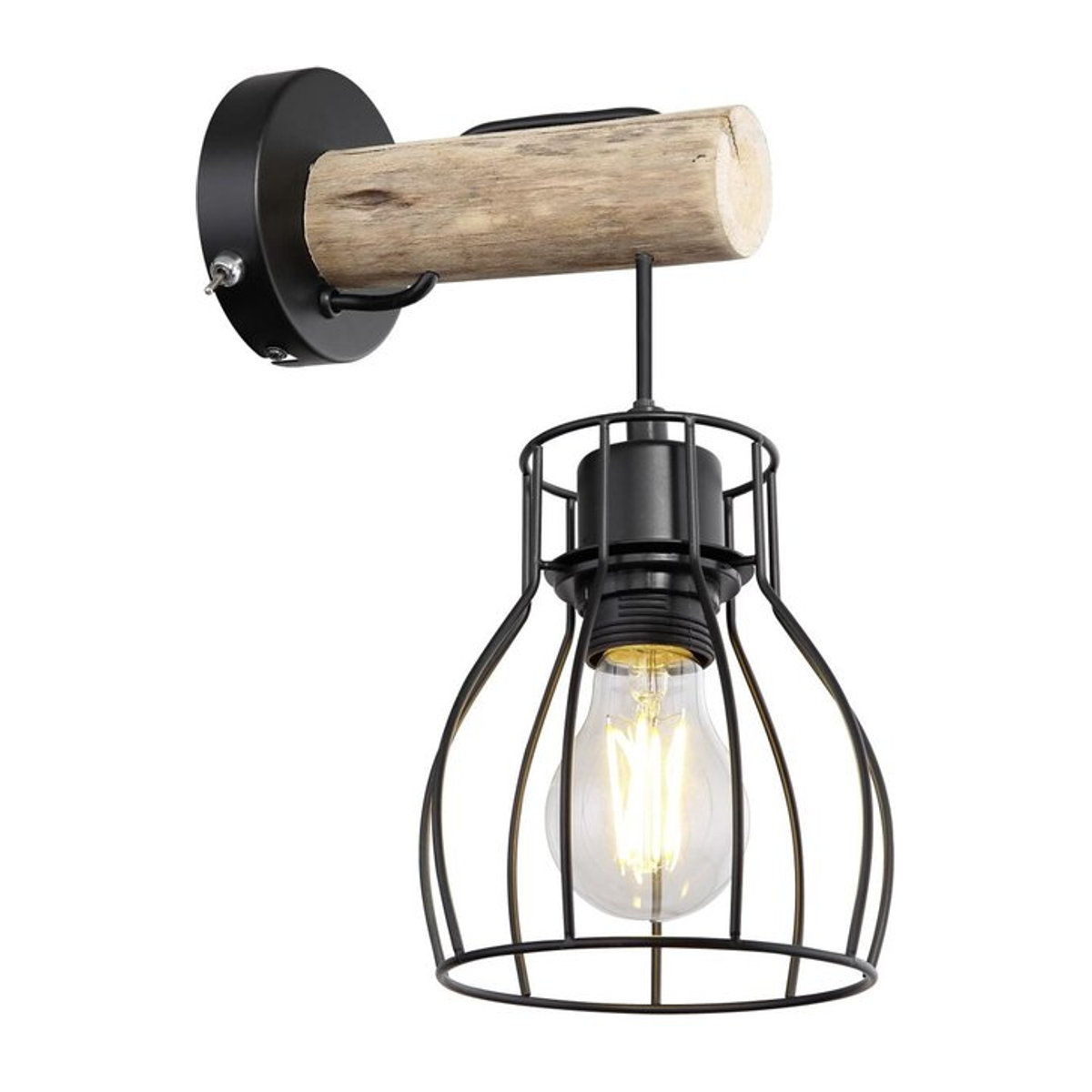 GLOBO Wandleuchte Mina im Industrial Design aus Metall und Echtholz, Schwarz/Natur, B/H/T: 14 x 30 x 18 cm, E27 - Bild 1