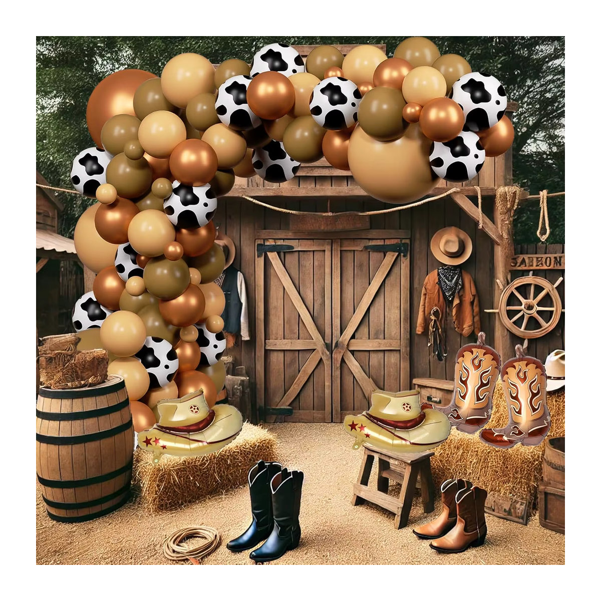 Globos Home Deco 124-teiliges Western-Cowboy-Ballonbogen-Set mit Kuh-Aufdruck in Mehrfarbig für Bauernhof-Babyparty und Rodeo-Geburtstagsparty - Bild 4