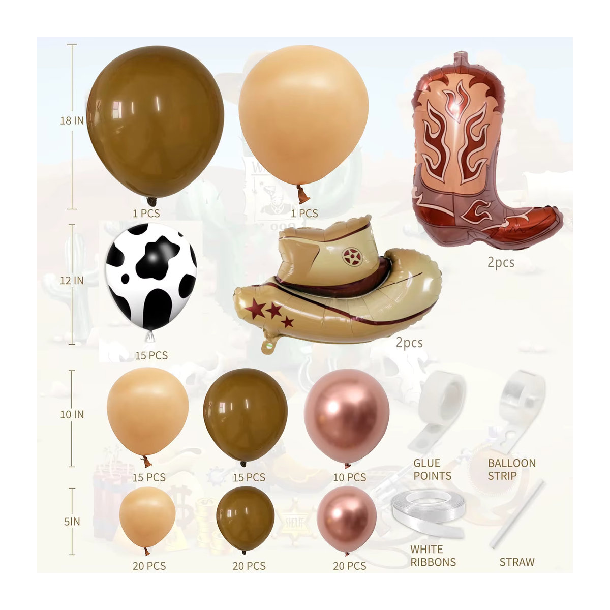 Globos Home Deco 124-teiliges Western-Cowboy-Ballonbogen-Set mit Kuh-Aufdruck in Mehrfarbig für Bauernhof-Babyparty und Rodeo-Geburtstagsparty - Bild 5