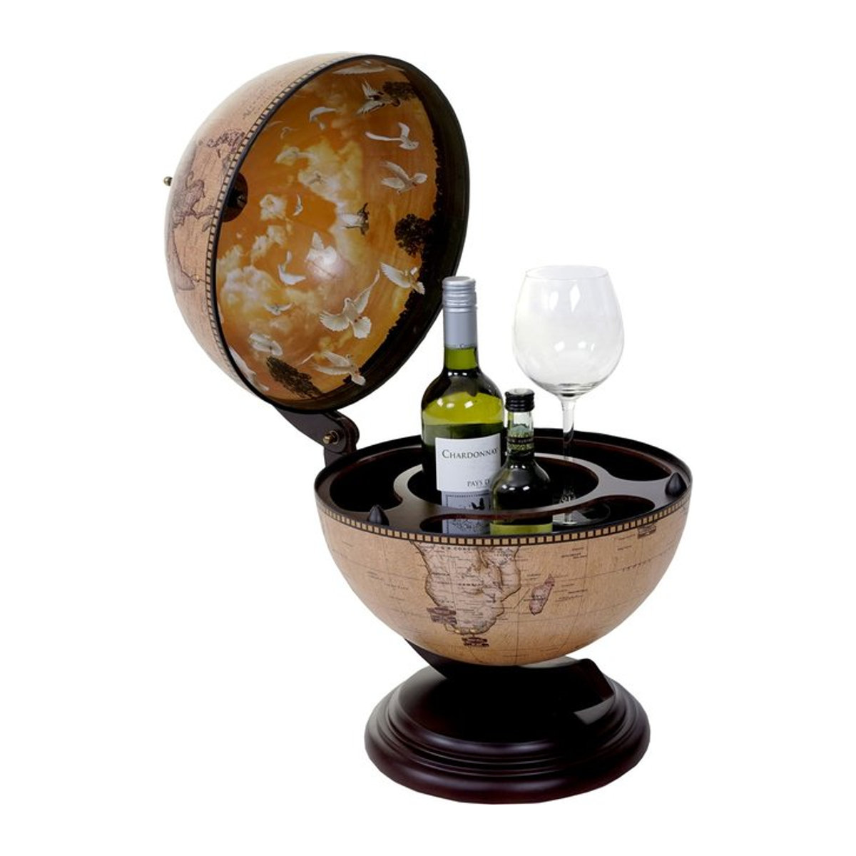 Globus Tischbar MCW-T873 Minibar in Vintage-Optik mit Weltkugel für 3 Flaschen, Farbe: Braun, Stil: Antik - Bild 1