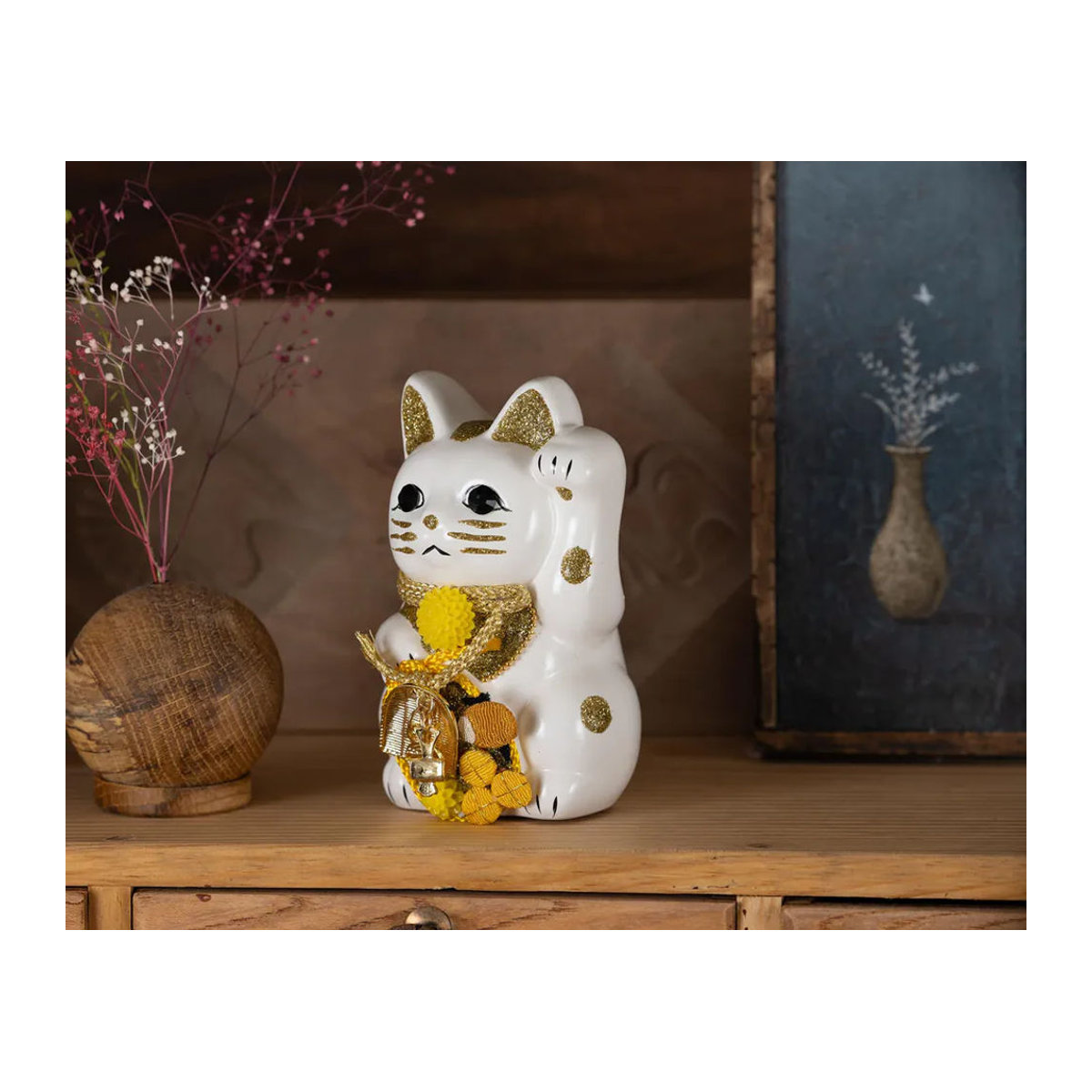 Glückskatze Maneki Neko Keramik Opfergabe Schale Weiß mit erhobener linker Pfote von Iami Danjuro - Bild 7