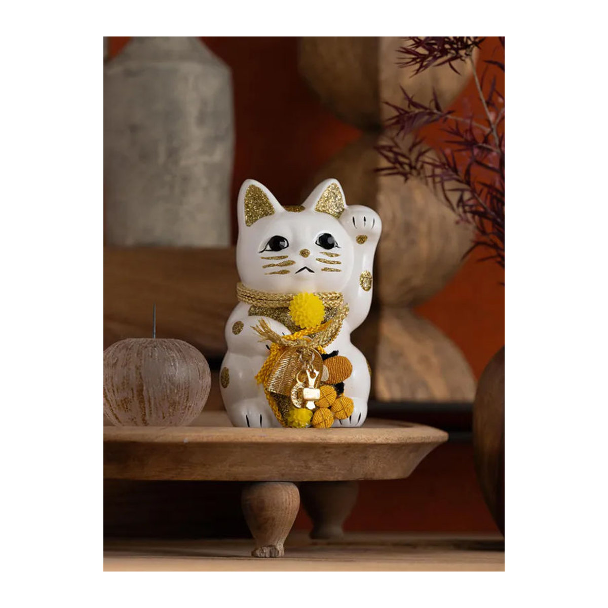 Glückskatze Maneki Neko Keramik Opfergabe Schale Weiß mit erhobener linker Pfote von Iami Danjuro - Bild 8