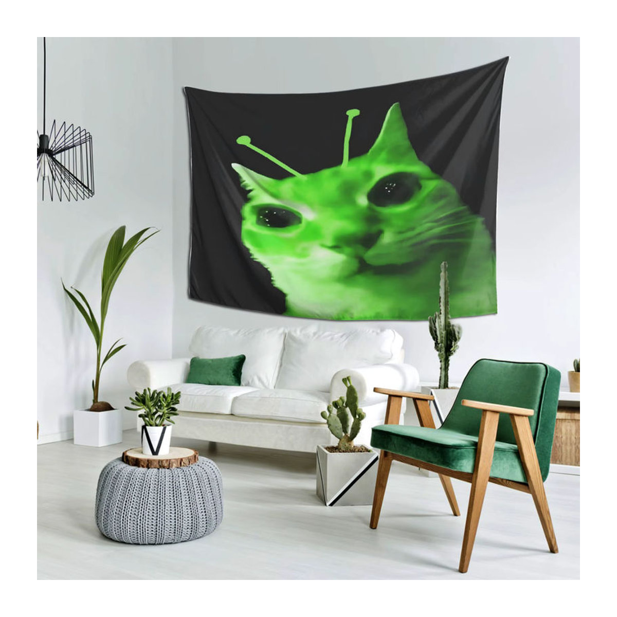 Gnarpy Wandteppich mit grünem Katzen-Design, rechteckiger Textildruck zur Wanddekoration, B/H: 60 x 40 cm - Bild 3