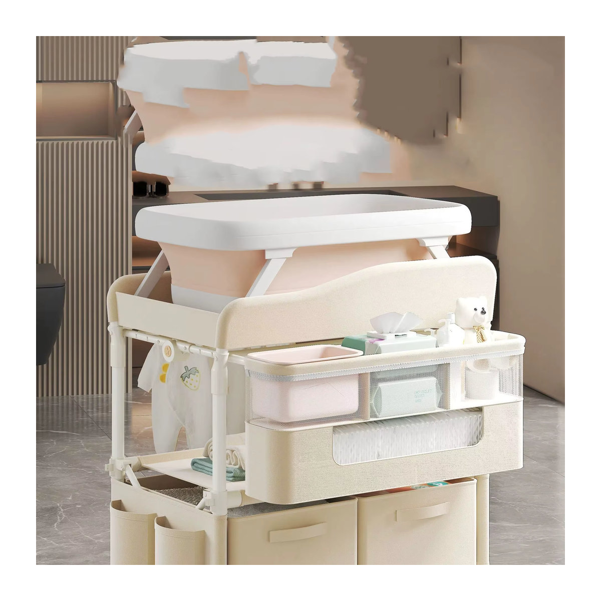 GoAnywhere 4-in-1 Wickelstation faltbares Kindergartenzentrum mit Badewanne und Massagepad für Neugeborene und Kleinkinder in Grau und Beige - Bild 2