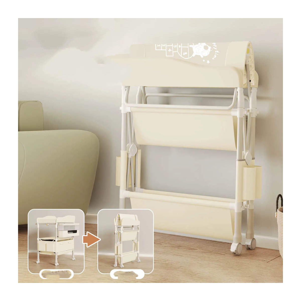 GoAnywhere 4-in-1 Wickelstation faltbares Kindergartenzentrum mit Badewanne und Massagepad für Neugeborene und Kleinkinder in Grau und Beige - Bild 4