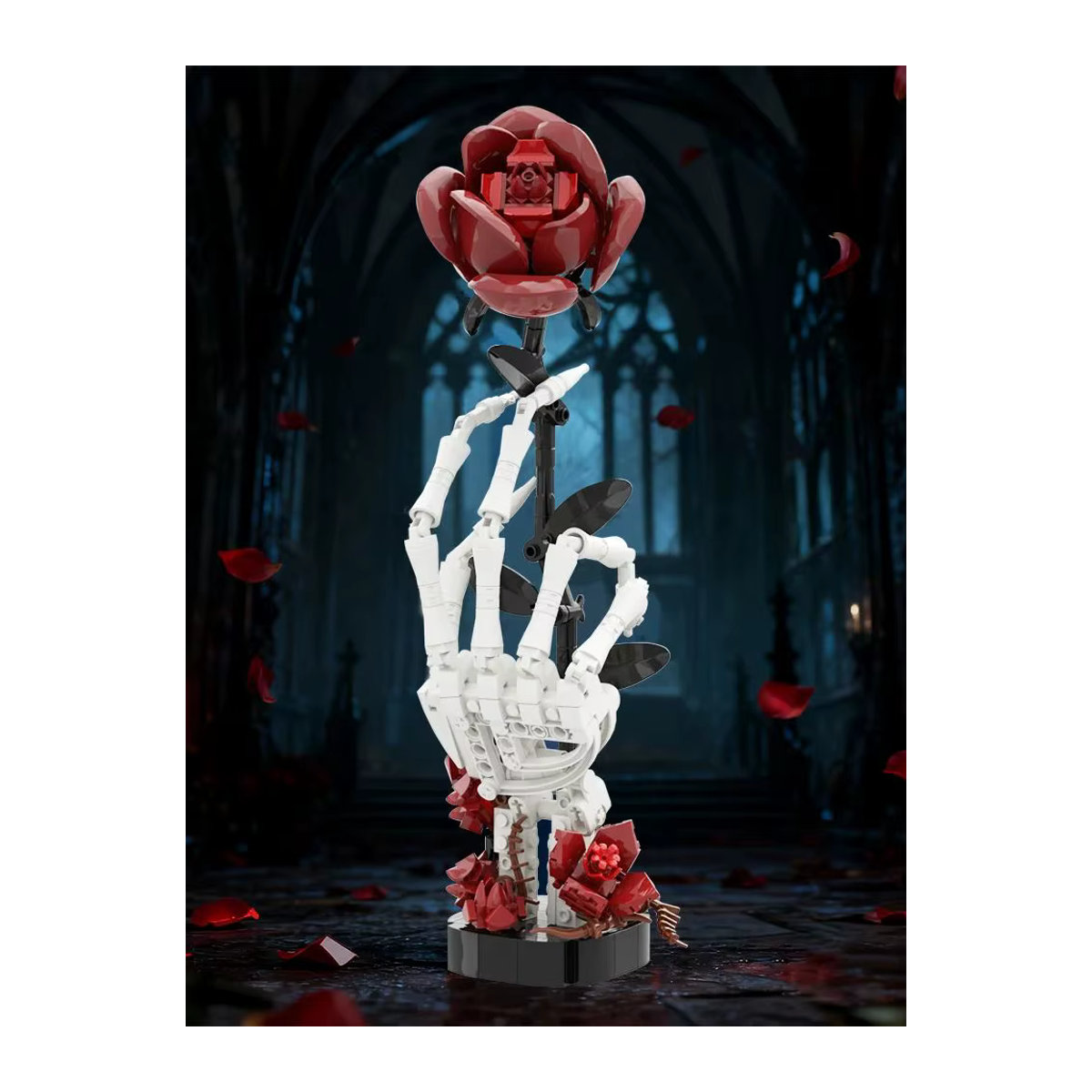 GOBRICKS Gothic Skelett Hand mit Rosen Bausteine DIY Dark Romance Deko in Weiß, Rot und Schwarz - Bild 1