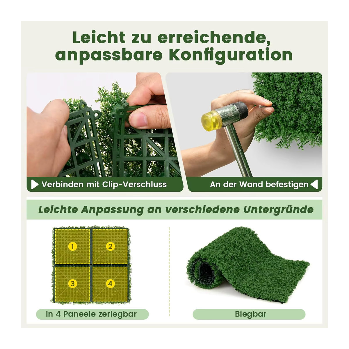 GOFLAME 12er Set künstliche Mooswand in Grün, ineinandergreifende Sichtschutzhecke für Garten, Balkon und Zuhause, B/T/H: 50,5 x 50,5 x 50,5 cm - Bild 5