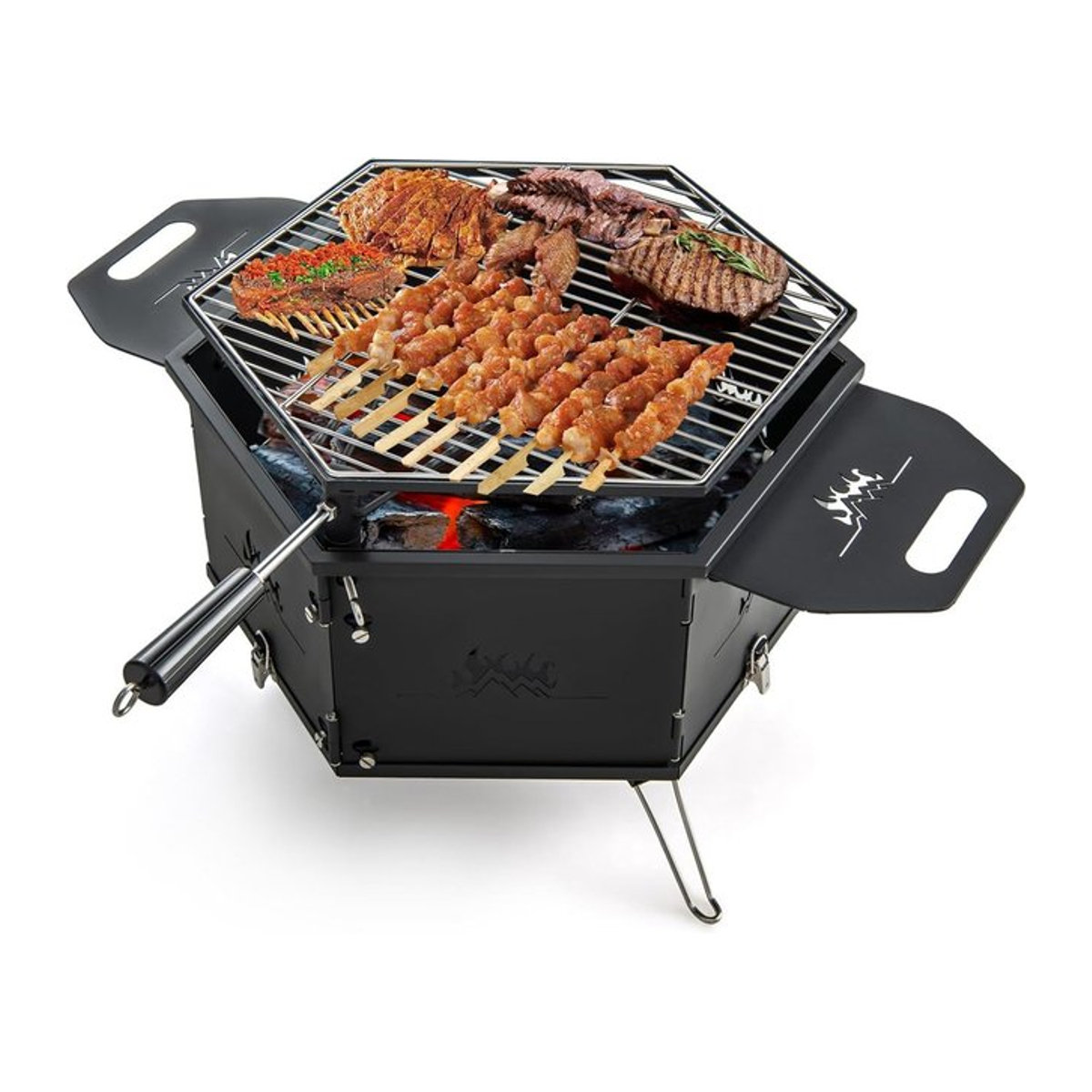 GOFLAME 2-in-1 Holzkohlegrill und Feuerstelle aus Metall in Schwarz mit 360-Grad-Drehfunktion und Klappfunktion für Camping und Kochen - Bild 1