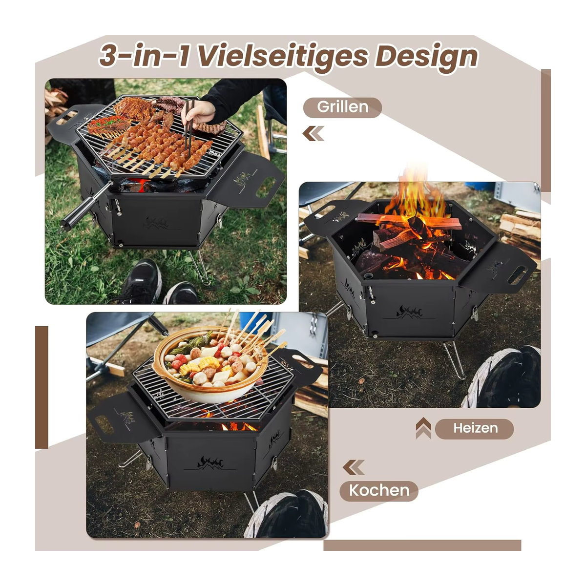 GOFLAME 2-in-1 Holzkohlegrill und Feuerstelle aus Metall in Schwarz mit 360-Grad-Drehfunktion und Klappfunktion für Camping und Kochen - Bild 2