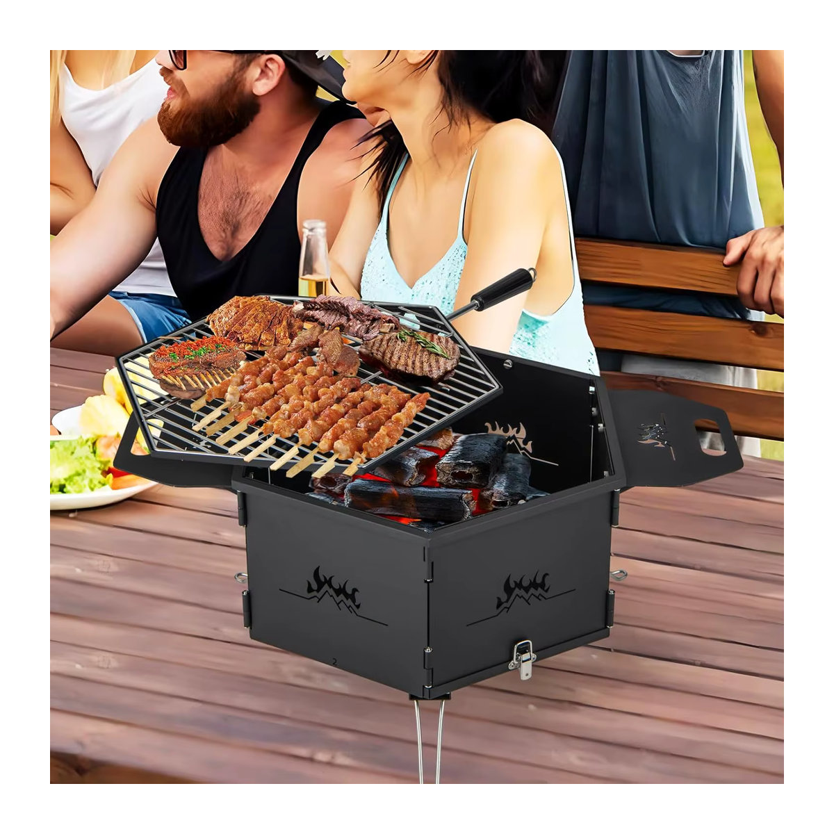 GOFLAME 2-in-1 Holzkohlegrill und Feuerstelle aus Metall in Schwarz mit 360-Grad-Drehfunktion und Klappfunktion für Camping und Kochen - Bild 3