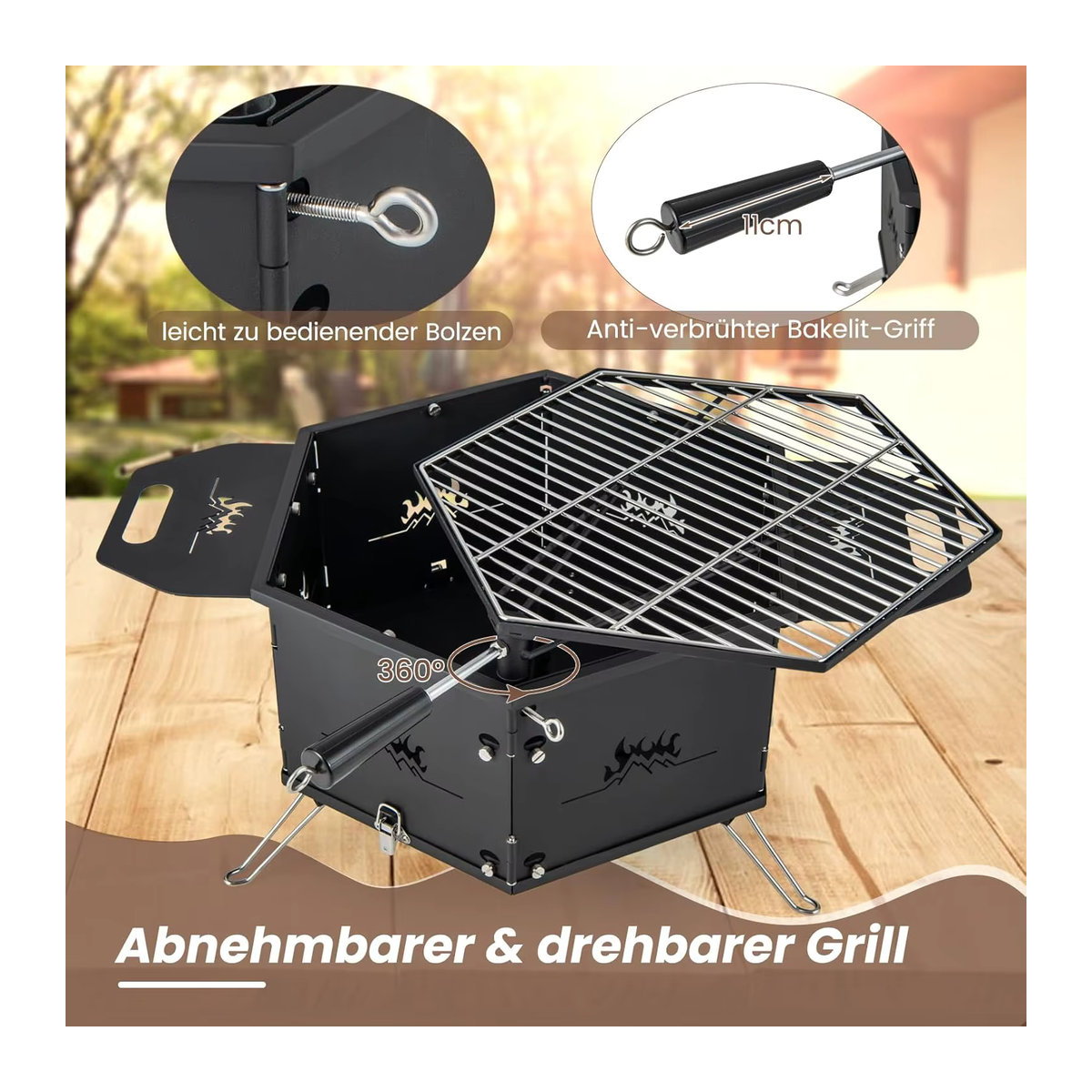 GOFLAME 2-in-1 Holzkohlegrill und Feuerstelle aus Metall in Schwarz mit 360-Grad-Drehfunktion und Klappfunktion für Camping und Kochen - Bild 5