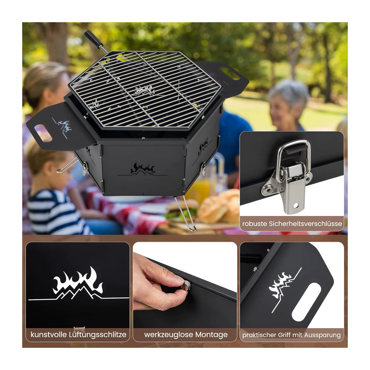 GOFLAME 2-in-1 Holzkohlegrill und Feuerstelle aus Metall in Schwarz mit 360-Grad-Drehfunktion und Klappfunktion für Camping und Kochen - Bild 6