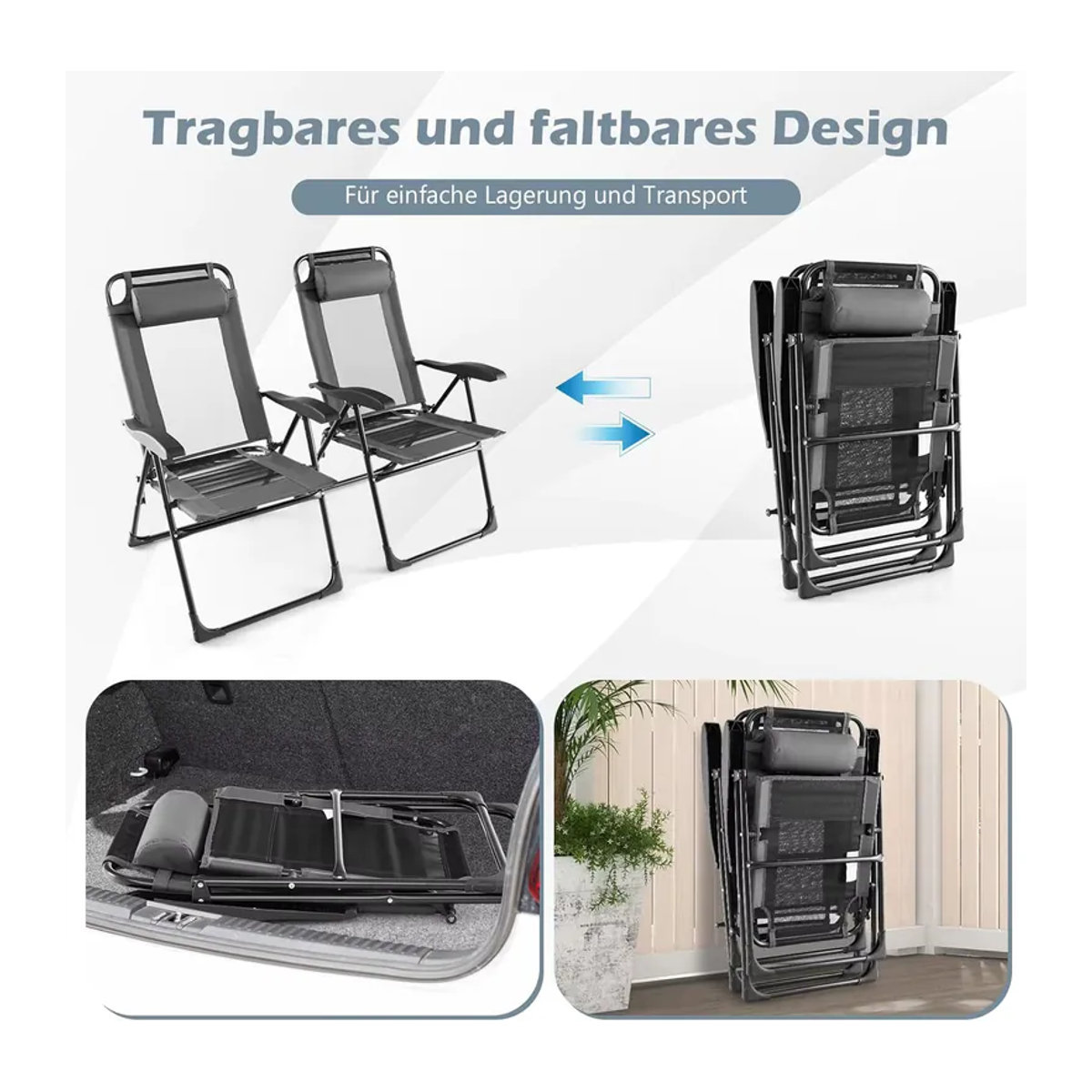 GOFLAME 2er-Set Gartenstühle aus Metall in Grau mit Kopfstütze und 7-fach verstellbarer Rückenlehne - Bild 3