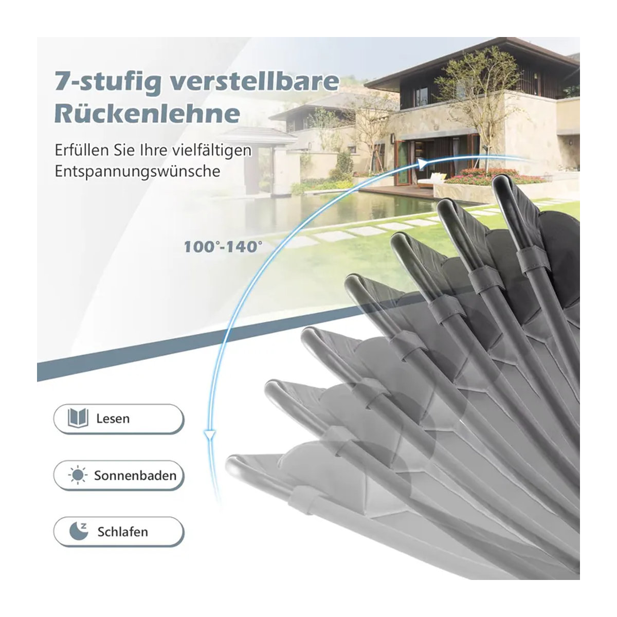 GOFLAME 2er-Set Gartenstühle aus Metall in Grau mit Kopfstütze und 7-fach verstellbarer Rückenlehne - Bild 4