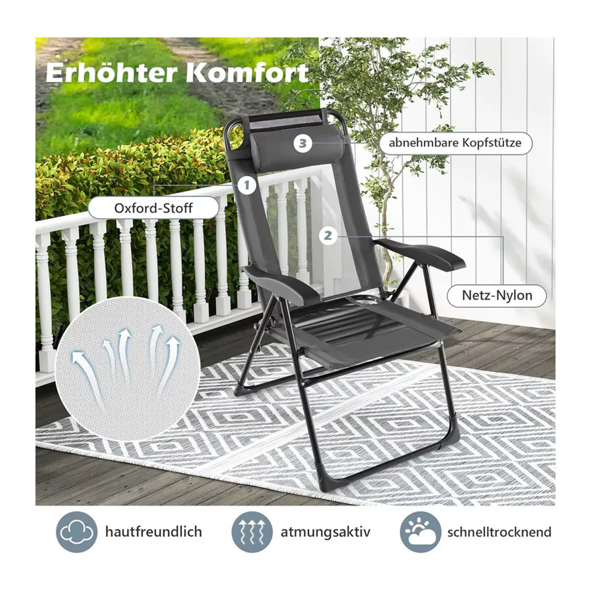 GOFLAME 2er-Set Gartenstühle aus Metall in Grau mit Kopfstütze und 7-fach verstellbarer Rückenlehne - Bild 5