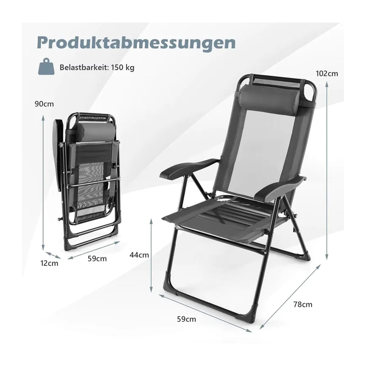 GOFLAME 2er-Set Gartenstühle aus Metall in Grau mit Kopfstütze und 7-fach verstellbarer Rückenlehne - Bild 6