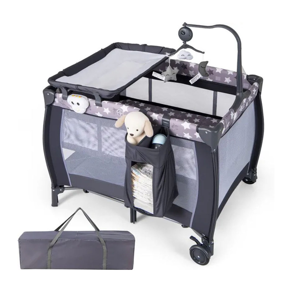 GOFLAME 3-in-1 Klappbares Babybett in Grau mit Matratze, Wickeltisch und Hängespielzeug - Bild 1