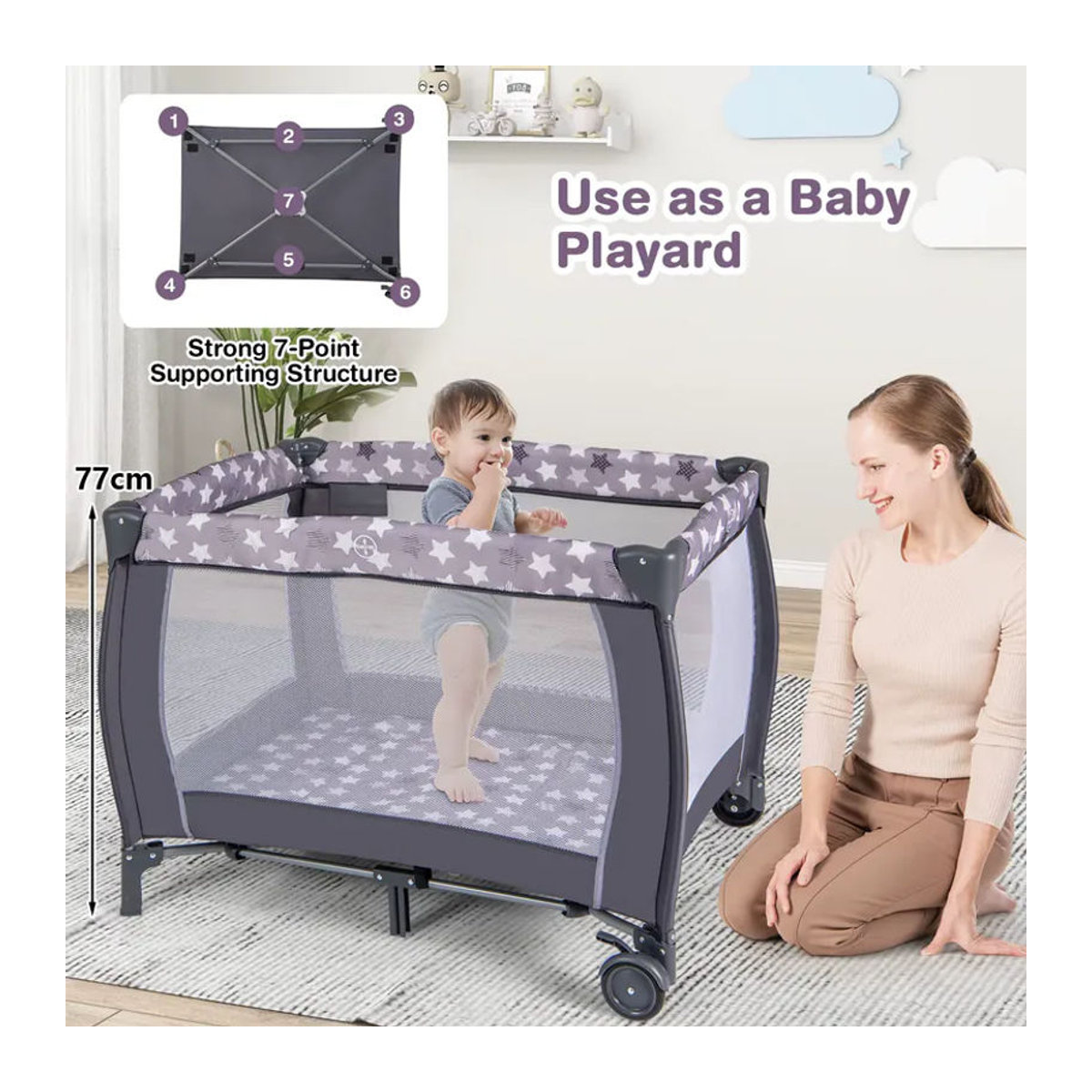 GOFLAME 3-in-1 Klappbares Babybett in Grau mit Matratze, Wickeltisch und Hängespielzeug - Bild 2