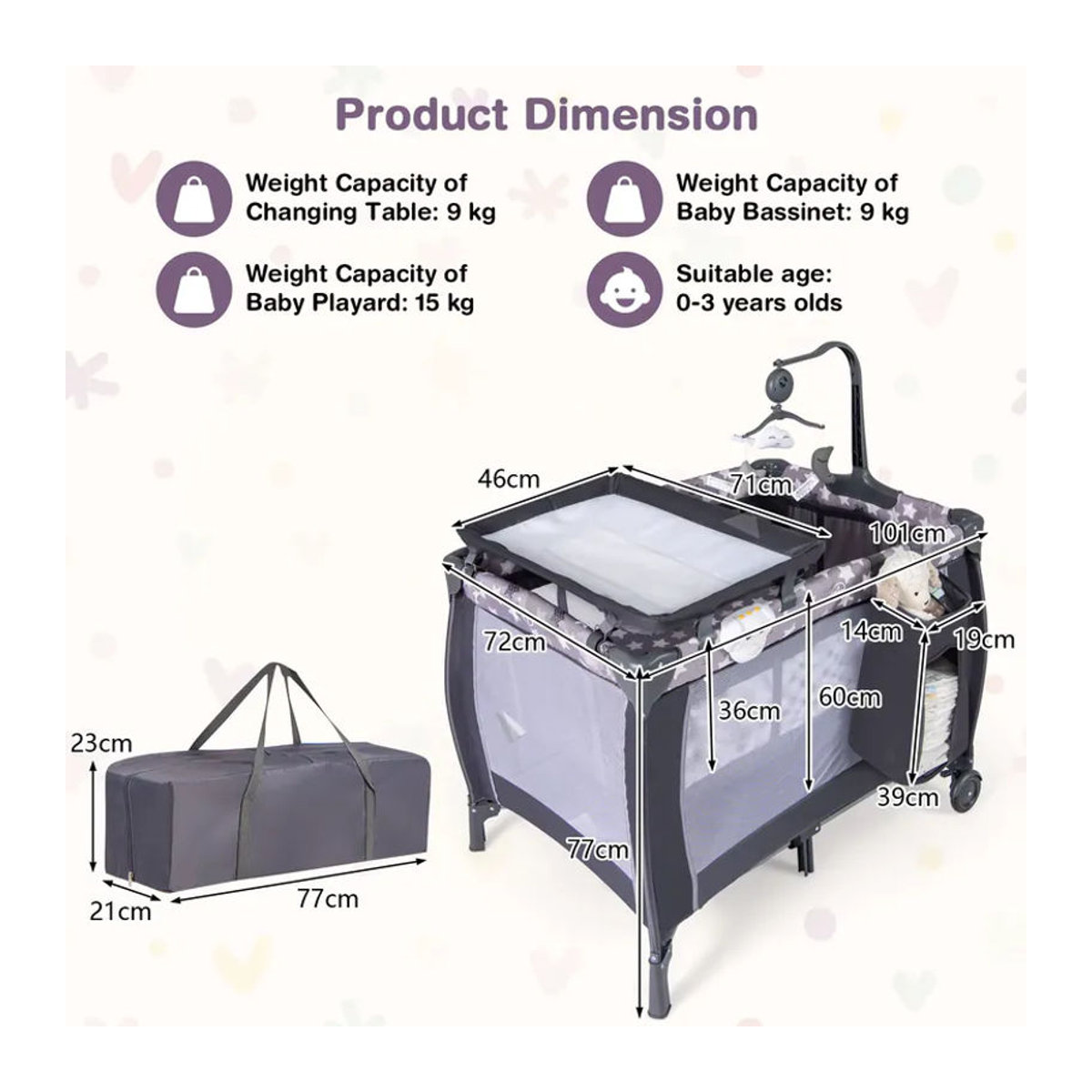 GOFLAME 3-in-1 Klappbares Babybett in Grau mit Matratze, Wickeltisch und Hängespielzeug - Bild 3