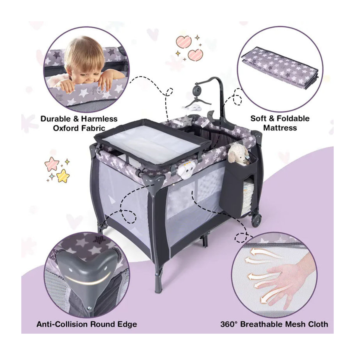 GOFLAME 3-in-1 Klappbares Babybett in Grau mit Matratze, Wickeltisch und Hängespielzeug - Bild 4