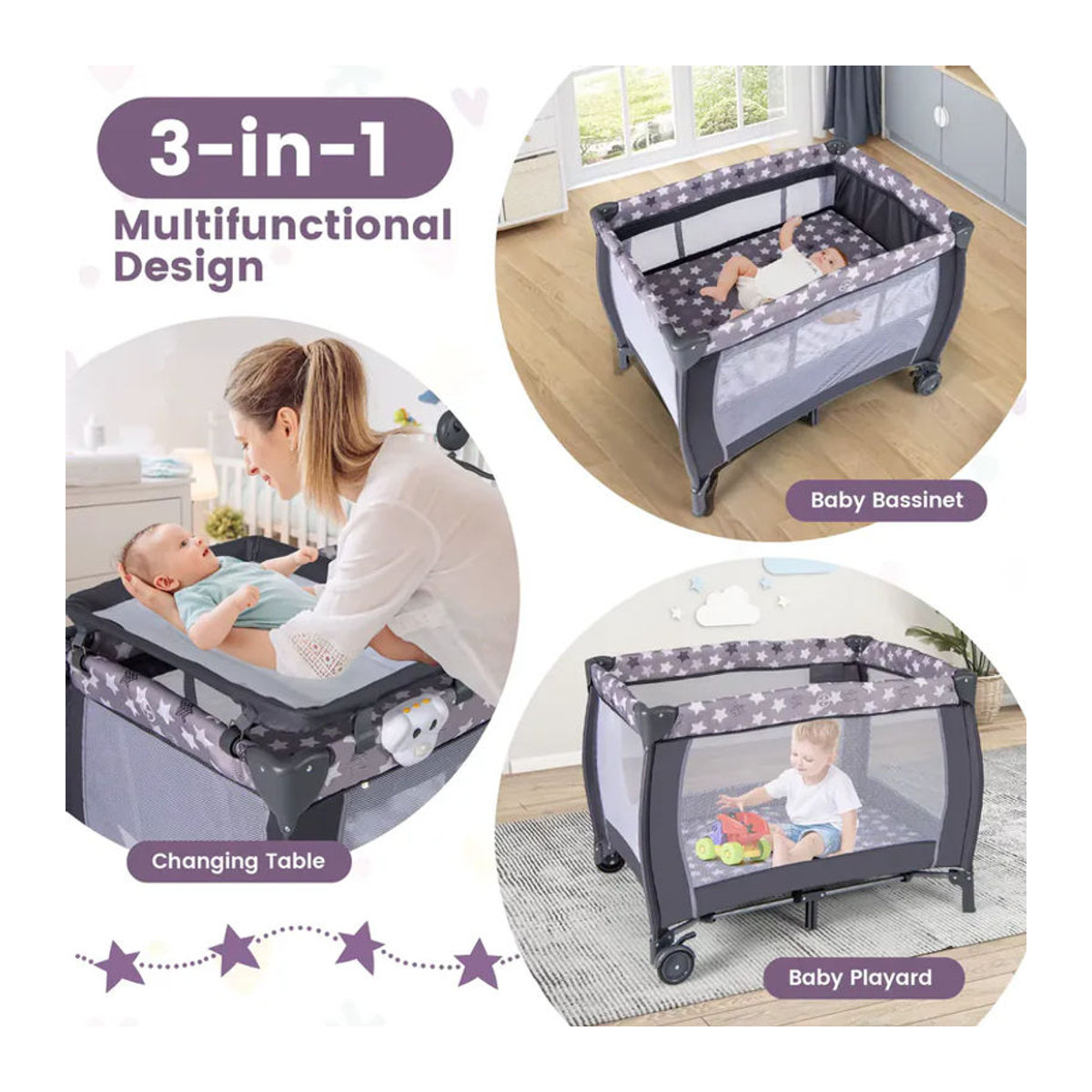 GOFLAME 3-in-1 Klappbares Babybett in Grau mit Matratze, Wickeltisch und Hängespielzeug - Bild 5