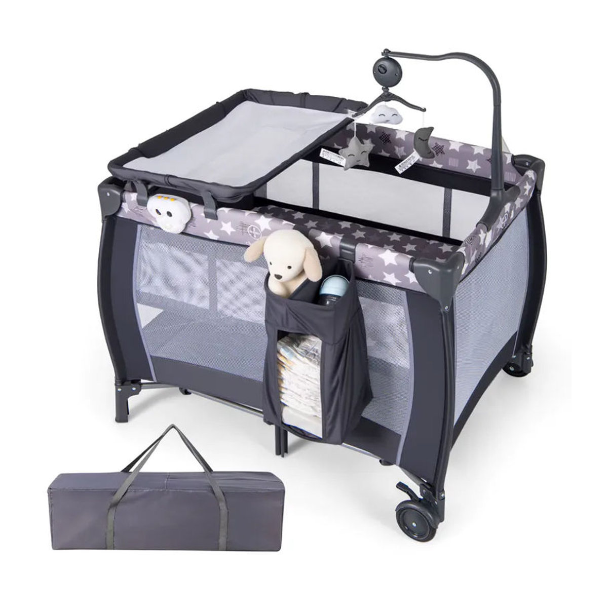 GOFLAME 3-in-1 Klappbares Babybett in Grau mit Matratze, Wickeltisch und Hängespielzeug - Bild 6