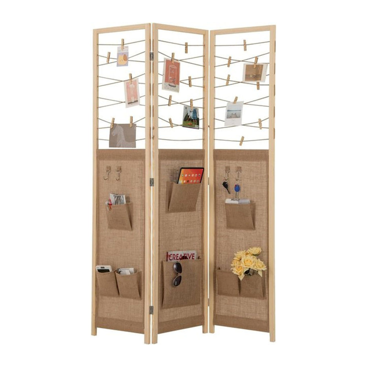 GOFLAME 3-teiliger Raumteiler aus Holz in Braun und Dunkles Khaki, faltbarer Paravent als rustikaler Sichtschutz für den Innenbereich - Bild 1