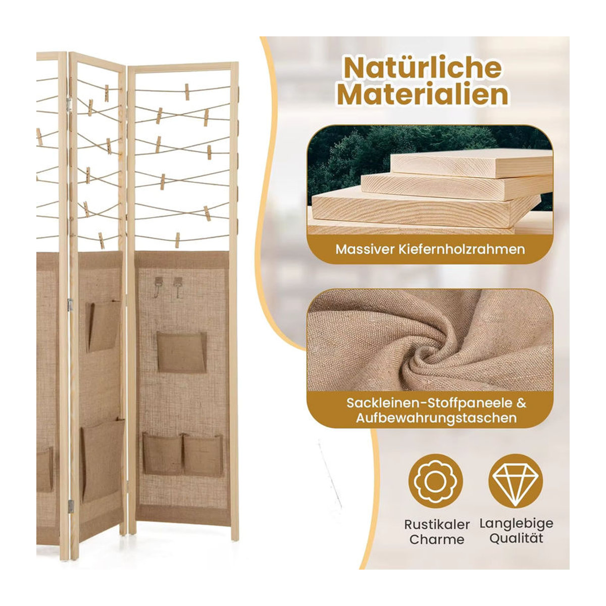 GOFLAME 3-teiliger Raumteiler aus Holz in Braun und Dunkles Khaki, faltbarer Paravent als rustikaler Sichtschutz für den Innenbereich - Bild 2