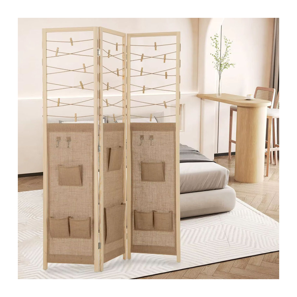 GOFLAME 3-teiliger Raumteiler aus Holz in Braun und Dunkles Khaki, faltbarer Paravent als rustikaler Sichtschutz für den Innenbereich - Bild 3