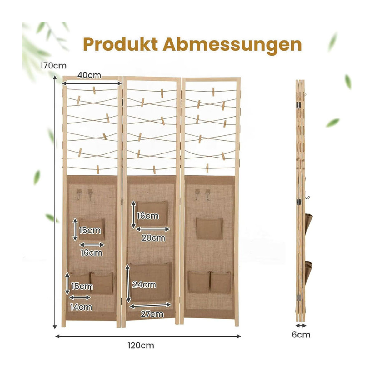 GOFLAME 3-teiliger Raumteiler aus Holz in Braun und Dunkles Khaki, faltbarer Paravent als rustikaler Sichtschutz für den Innenbereich - Bild 4