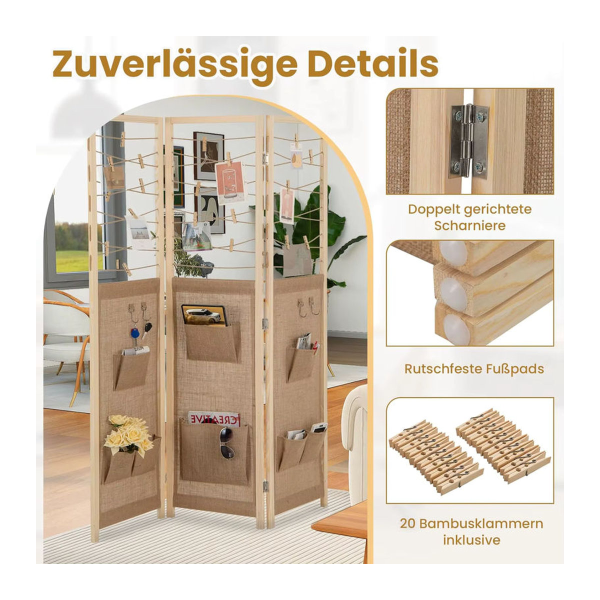 GOFLAME 3-teiliger Raumteiler aus Holz in Braun und Dunkles Khaki, faltbarer Paravent als rustikaler Sichtschutz für den Innenbereich - Bild 5