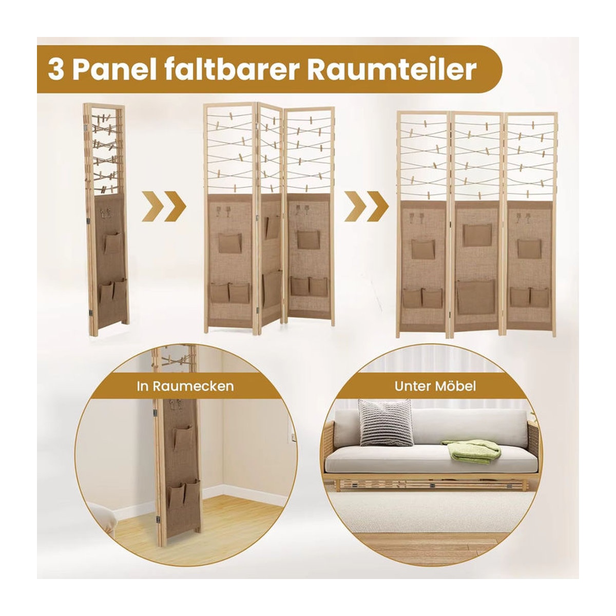 GOFLAME 3-teiliger Raumteiler aus Holz in Braun und Dunkles Khaki, faltbarer Paravent als rustikaler Sichtschutz für den Innenbereich - Bild 6
