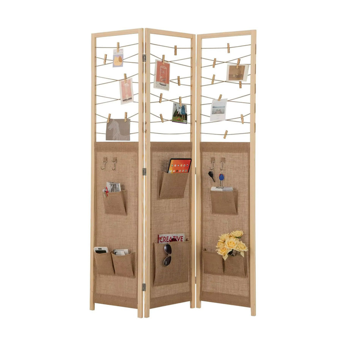 GOFLAME 3-teiliger Raumteiler aus Holz in Braun und Dunkles Khaki, faltbarer Paravent als rustikaler Sichtschutz für den Innenbereich - Bild 7
