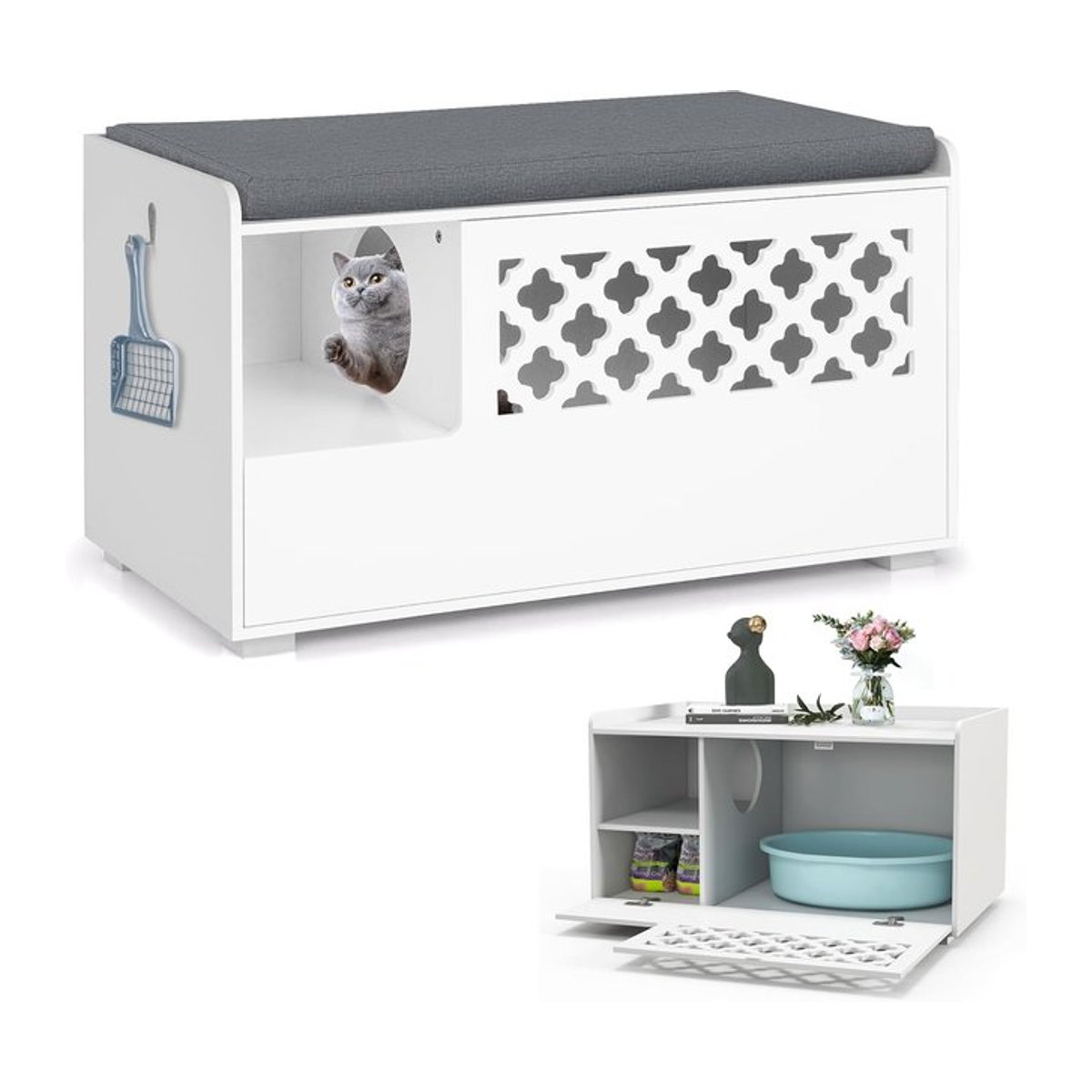 GOFLAME 4-in-1 Katzenhaus und Schrank für Katzentoilette als Schuhbank und Beistelltisch mit abnehmbarem Kissen in Weiß - Bild 1