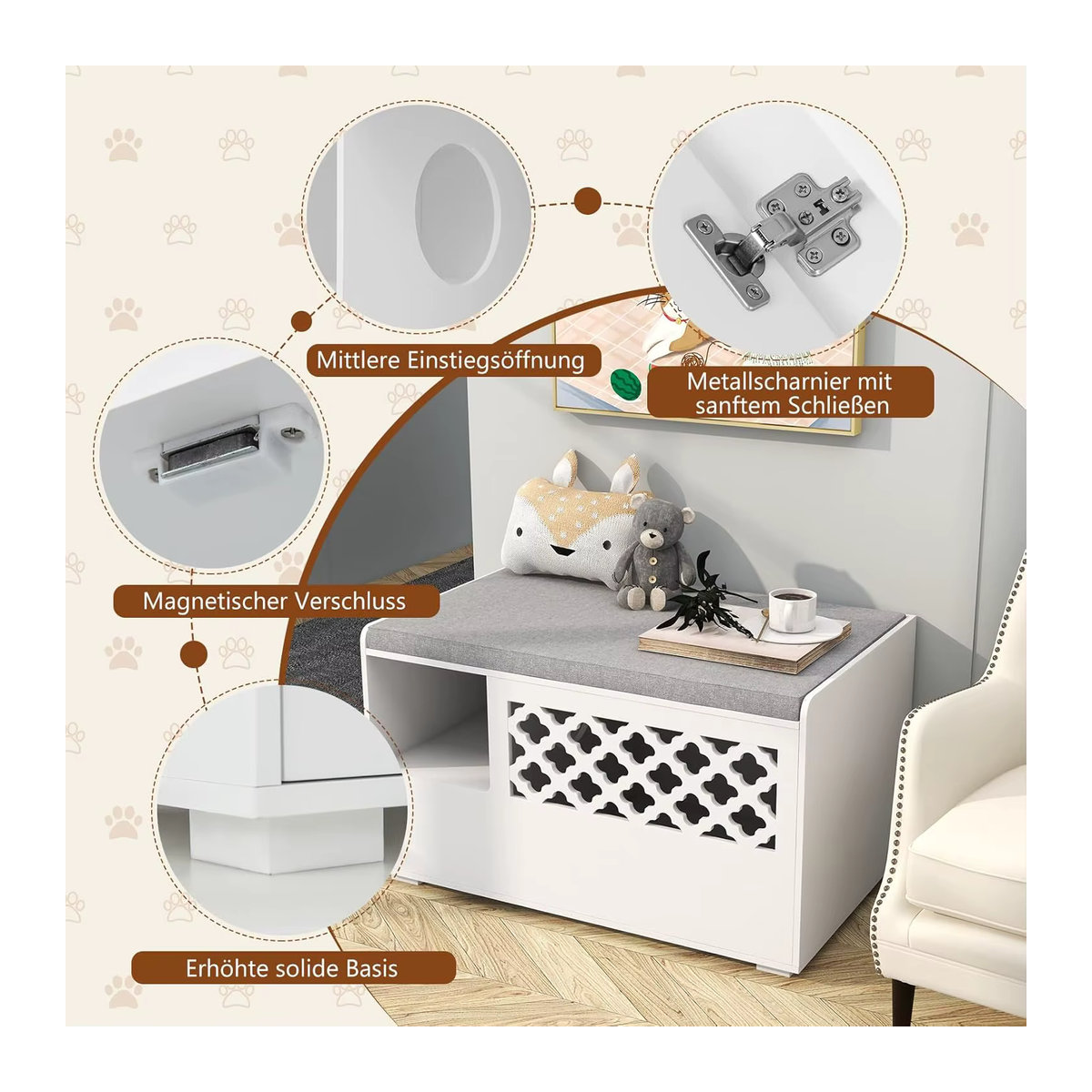 GOFLAME 4-in-1 Katzenhaus und Schrank für Katzentoilette als Schuhbank und Beistelltisch mit abnehmbarem Kissen in Weiß - Bild 2