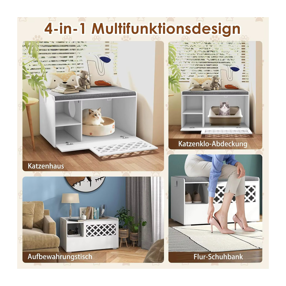 GOFLAME 4-in-1 Katzenhaus und Schrank für Katzentoilette als Schuhbank und Beistelltisch mit abnehmbarem Kissen in Weiß - Bild 3