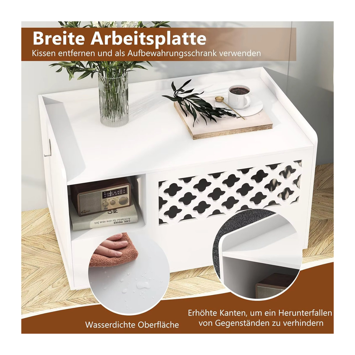 GOFLAME 4-in-1 Katzenhaus und Schrank für Katzentoilette als Schuhbank und Beistelltisch mit abnehmbarem Kissen in Weiß - Bild 4
