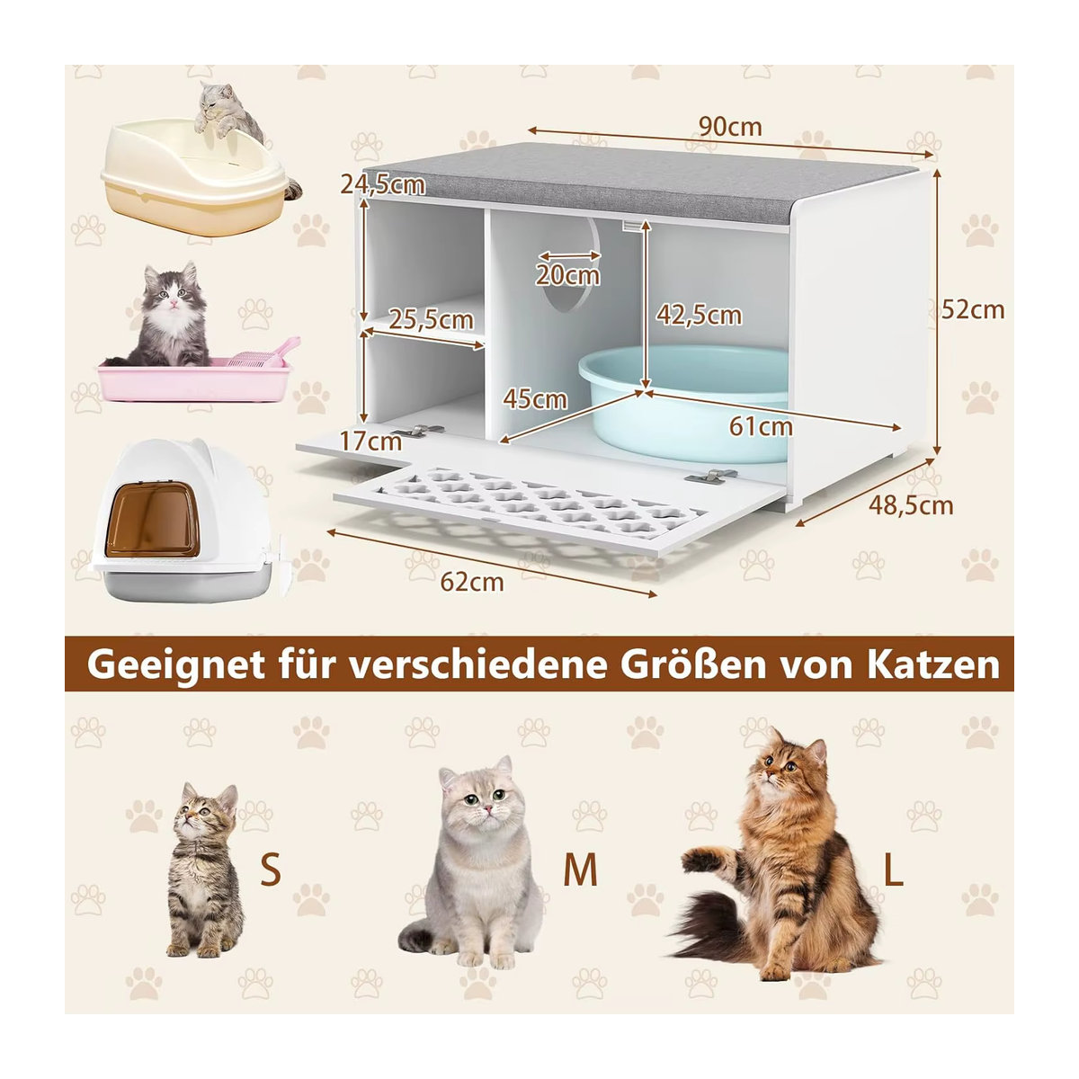 GOFLAME 4-in-1 Katzenhaus und Schrank für Katzentoilette als Schuhbank und Beistelltisch mit abnehmbarem Kissen in Weiß - Bild 6