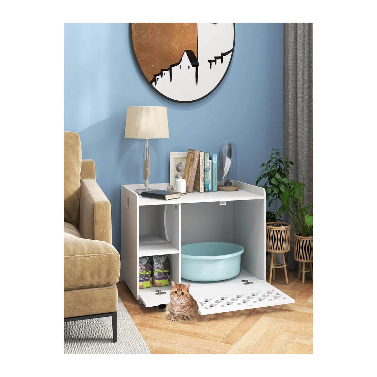 GOFLAME 4-in-1 Katzenhaus und Schrank für Katzentoilette als Schuhbank und Beistelltisch mit abnehmbarem Kissen in Weiß - Bild 7