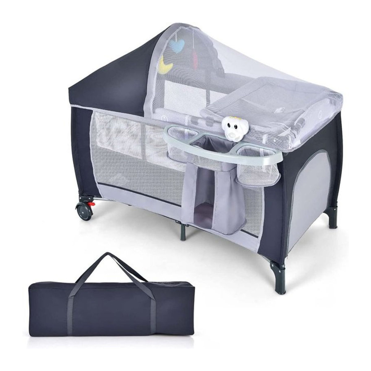 GOFLAME 4-in-1 Reisebett mit Schaukelfunktion, Babywiege, Wickeltisch und Laufstall inklusive Spieluhr und Spielbogen, Grau - Bild 1