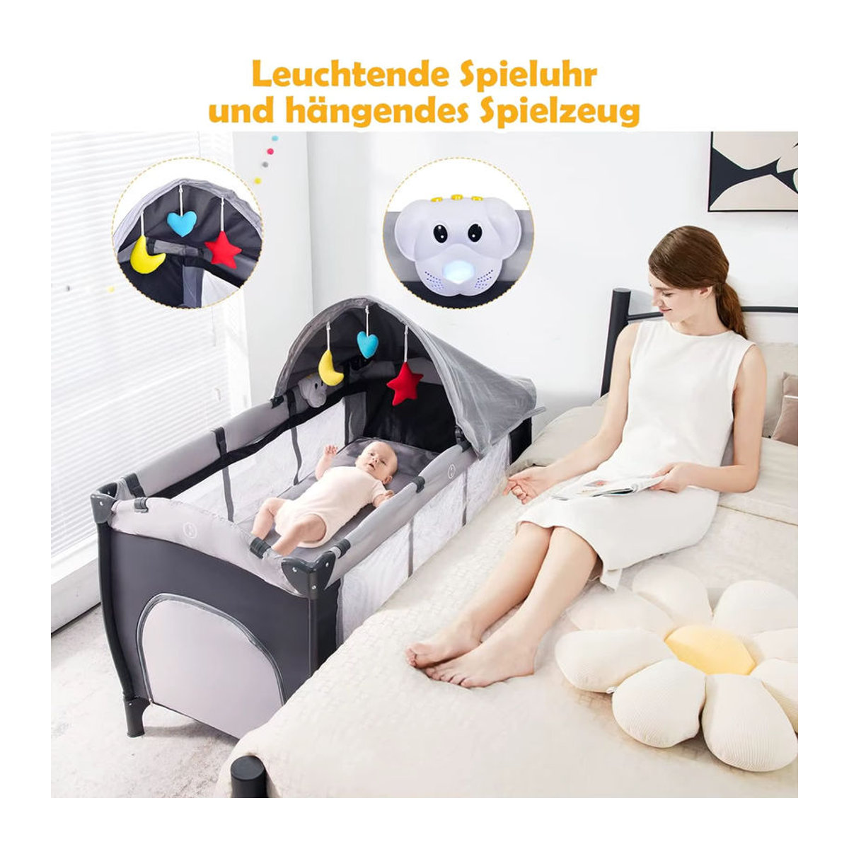GOFLAME 4-in-1 Reisebett mit Schaukelfunktion, Babywiege, Wickeltisch und Laufstall inklusive Spieluhr und Spielbogen, Grau - Bild 2