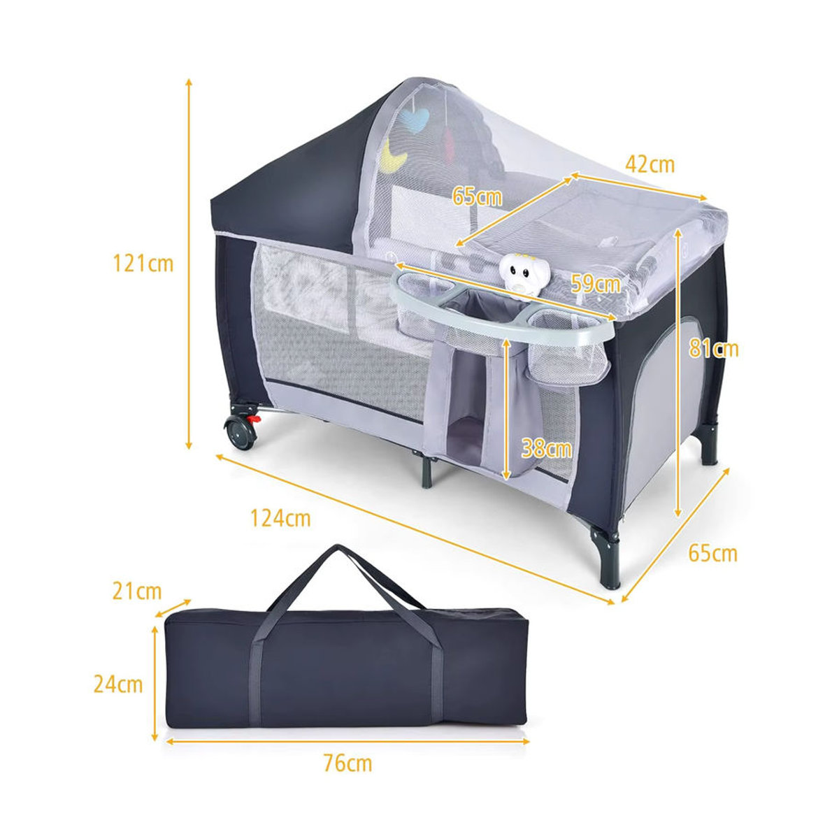GOFLAME 4-in-1 Reisebett mit Schaukelfunktion, Babywiege, Wickeltisch und Laufstall inklusive Spieluhr und Spielbogen, Grau - Bild 4