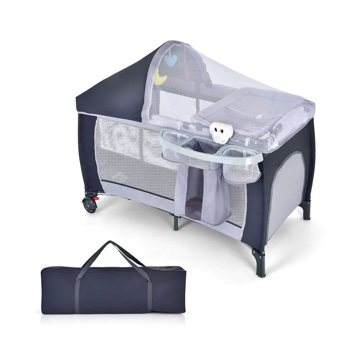 GOFLAME 4-in-1 Reisebett mit Schaukelfunktion, Babywiege, Wickeltisch und Laufstall inklusive Spieluhr und Spielbogen, Grau - Bild 5