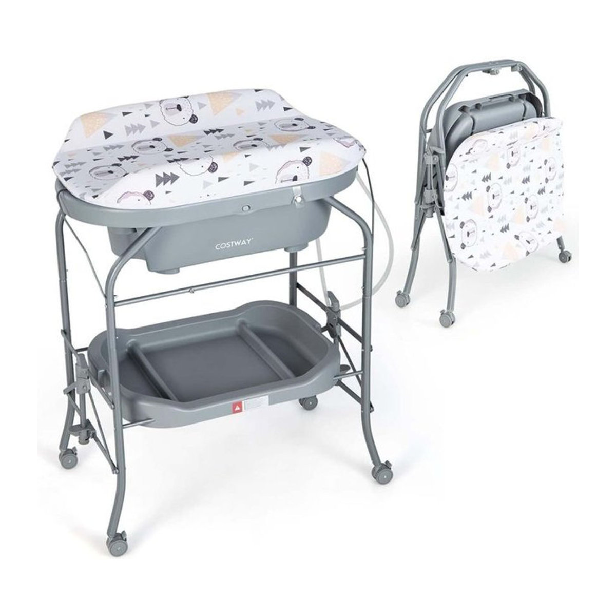 GOFLAME 4-in-1 Wickeltisch mit Badewanne und PVC-Pad, faltbare mobile Wickelstation in Weiß und Grau - Bild 1