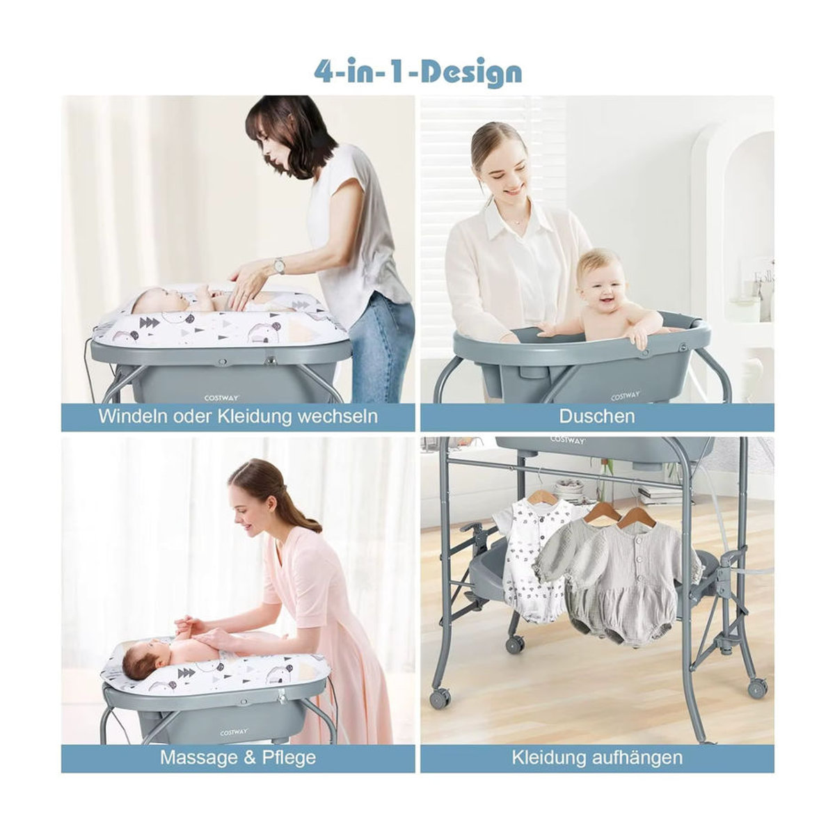 GOFLAME 4-in-1 Wickeltisch mit Badewanne und PVC-Pad, faltbare mobile Wickelstation in Weiß und Grau - Bild 2