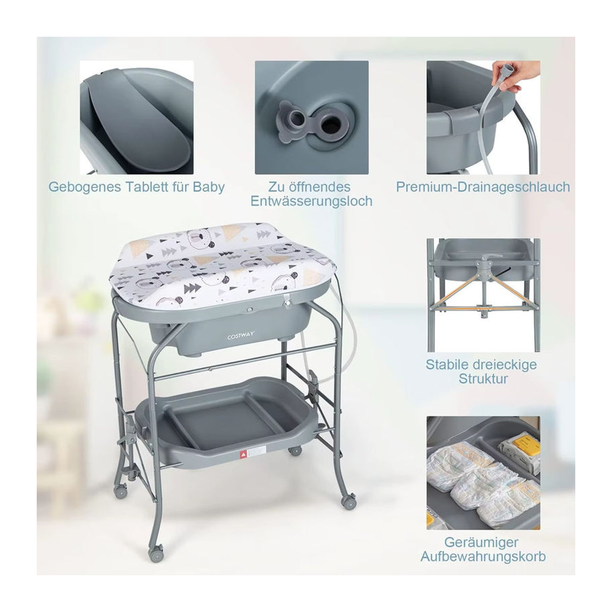 GOFLAME 4-in-1 Wickeltisch mit Badewanne und PVC-Pad, faltbare mobile Wickelstation in Weiß und Grau - Bild 3